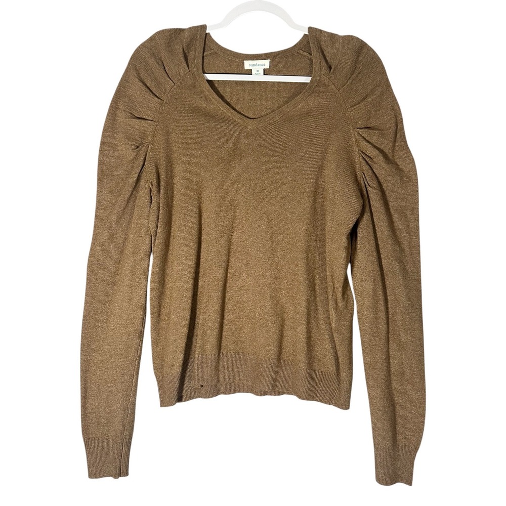 Sundance Puff Shoulder V-Neck Knit Sweater Sz M Lambswool Cashmere Blend Neutral